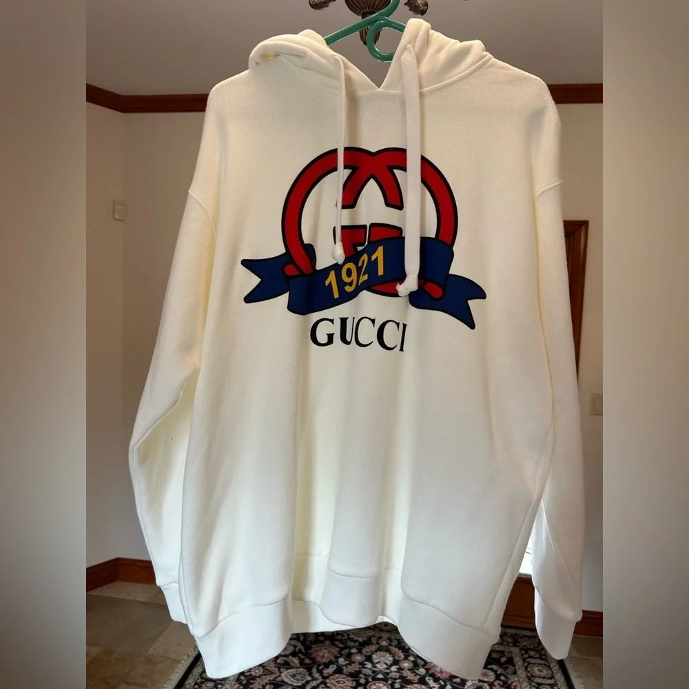 Men's Gucci jersey cotton hoodie, interlocking G 1921 anniversary motif large